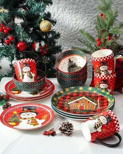 Miniatura 6 de Tazas de café HASENSE, juego de 4 tazas de cerámica de 15 oz con asa y patrones de muñecos de nieve para hombre mujer, juego de tazas de porcelana