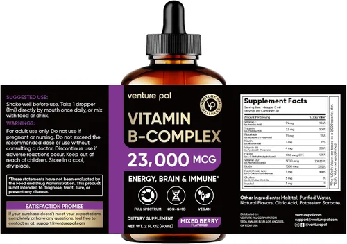 Miniatura 10 de Venture Pal Vitamina B Complex Liquid Drops, B12 Metilcobalamina B9 Fólico B1, B2, B3, B5, B6, B7 - Vitamina C, colina, inositol, metabolismo