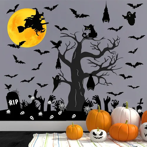 Miniatura 4 de Barri Design Calcomanías de pared de murciélago de Halloween, árbol de luna, bruja, calcomanías de pared extraíbles para Halloween, calcomanías