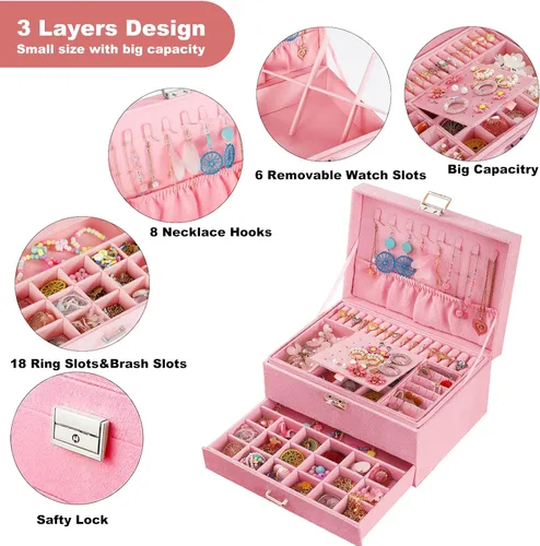 Miniatura 2 de QBestry Caja organizadora de joyas para mujer, caja de joyería de terciopelo rosa para collares y aretes, anillos, pulseras, joyero, organizador