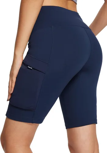 BALEAF Pantalones cortos de senderismo para mujer, cintura alta, pantalones cortos de ciclista, con bolsillos con cremallera, para correr, al aire