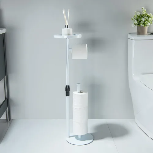 Miniatura 2 de Soporte de papel higiénico para baño, altura ajustable, soporte en el suelo, almacena 4 rollos de reserva, con estante superior de almacenamiento