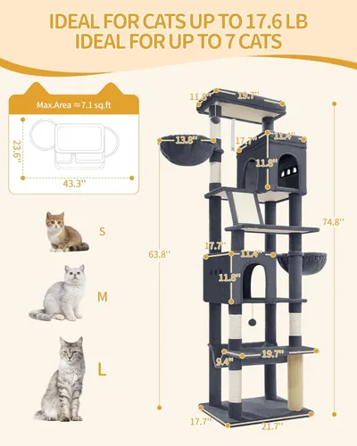 Miniatura 2 de Hzuaneri Árbol grande para gatos, torre para gatos de varios niveles de 75 pulgadas de alto, muebles de condominio para gatos más grandes