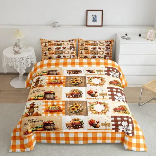 Castle Fairy Juego de edredón de otoño con temática de Acción de Gracias, tamaño individual, juego de ropa de cama de calabaza, girasol, pavo, para