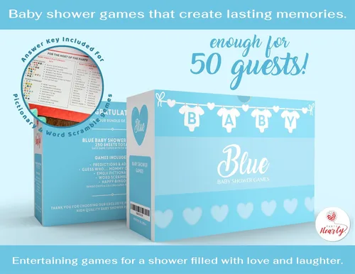 Miniatura 4 de Party Hearty Juegos de baby shower para niños, 250 tarjetas de actividades de 5 juegos azules, divertidos juegos de baby shower, ideas para baby