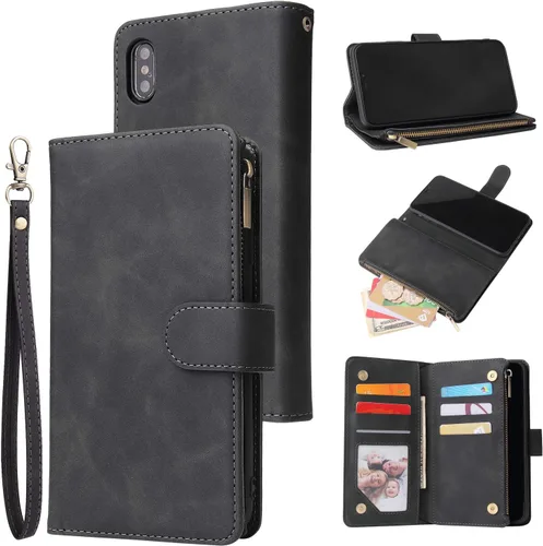 UEEBAI Funda tipo cartera para iPhone XS Max, de piel sintética vintage de alta calidad, cierre magnético, funda de bolsillo con cremallera, ranura