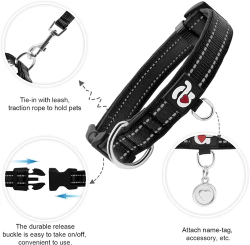 Miniatura 2 de azuza Collar reflectante para perro, de neopreno suave acolchado con anillo para etiqueta de identificación, ajustable para cachorros y perros Negro