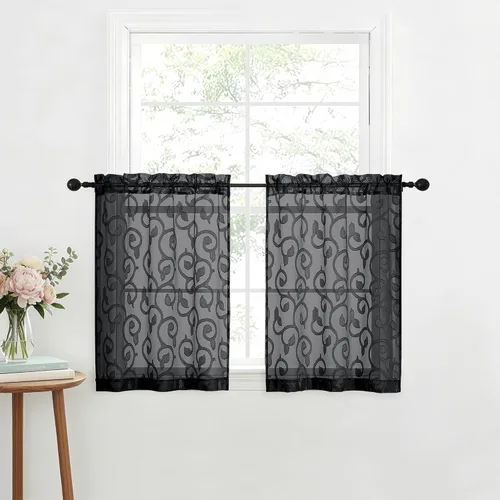 Miniatura 78 de OWENIE Furman - Juego de 2 paneles de cortinas traslúcidas negras de 24 pulgadas de largo, cortinas semitransparentes de jacquard ligeras y aireadas