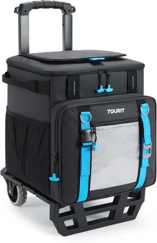Miniatura 15 de TOURIT Conservadora plegable para 48 latas, con aislamiento, a prueba de fugas, con carro de ruedas de todo terreno, con accesorios mejorados y Azul
