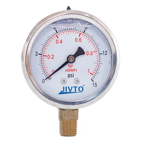 Medidor de presión, relleno de líquido de glicerina, diámetro de doble escala de 2.5 pulgadas, 0-15 psi/bar/kpa, conexión de latón macho NPT de 1/4