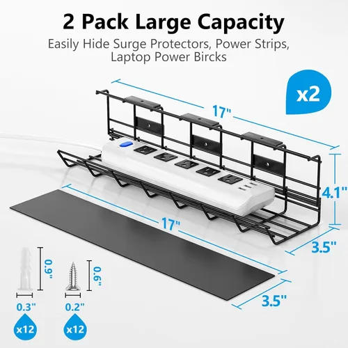Miniatura 3 de Delamu - Paquete de 2 bandejas de gestión de cables para debajo del escritorio, organizador de cables de metal para escritorio, fácil de instalar
