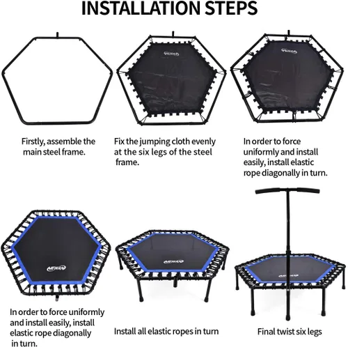 Miniatura 8 de Newan Trampolín de fitness de 48 pulgadas con barra de mango ajustable, trampolín silencioso, bungee rebote, entrenamiento cardiovascular, Azul