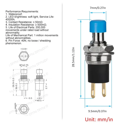 Miniatura 3 de 5 piezas de interruptor de botón de presión de tipo de cierre automático SPST Dash ON/Off azul AC 250V/3A