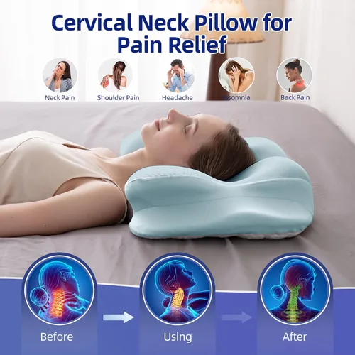 Miniatura 5 de FUNCCUBE Almohada cervical para el cuello – Almohadas de espuma viscoelástica para aliviar el dolor dormir con funda de almohada refrescante, Azul