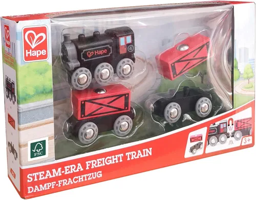 Miniatura 6 de Hape Steam-Era Tren de carga Juguete clásico de locomotora para niños negro y rojo con vagones de carga descargables