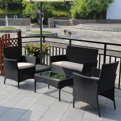 Miniatura 2 de PayLessHere Juego de muebles para patio, 4 piezas, de ratán para exteriores, sofá de mimbre para conversación de jardín, con cojín suave y mesa