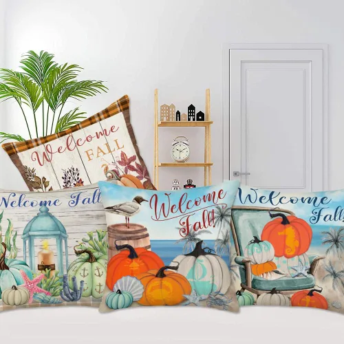 Miniatura 3 de 4 fundas de almohada de otoño de bienvenida, decoración de otoño, decoración costera de playa, estrella de mar, calabaza, granja, decoración