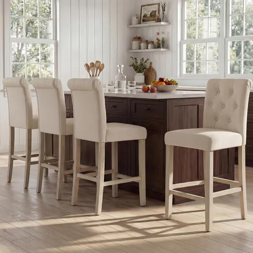 Miniatura 17 de GOTMINSI Taburetes de tela beige de 24 pulgadas, juego de 2 sillas tapizadas de altura de mostrador con decoración copetuda de estilo ocio