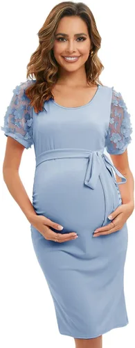 Miniatura 2 de ZIUMUDY Vestido ajustado de maternidad de manga corta con diseño de obispo de malla floral para sesión de fotos de maternidad, vestido de baby shower