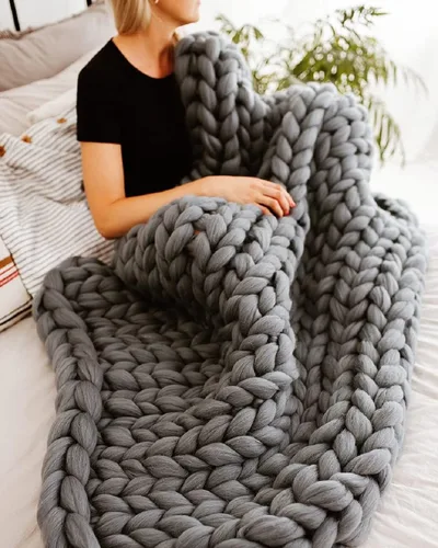 Miniatura 23 de Manta de punto grueso de 50 x 60 pulgadas, manta gigante tejida a mano con hilo 100% de lana merina, hecha a mano para cama, sofá, manta bohemia
