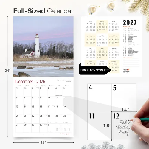 Miniatura 5 de RED EMBER Great Lakes Lighthouses 2026 - Calendario de pared de 12 meses, 12 x 24 pulgadas, abierto, papel grueso y resistente, regalo