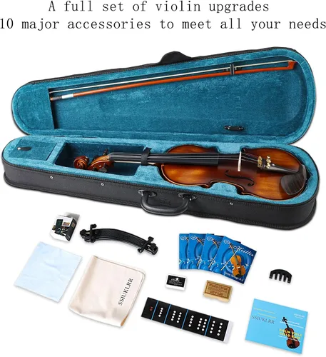 Miniatura 7 de Conjunto completo de violín 4/4, violín para principiantes para adultos, niños, estudiantes, violín 4/4 con accesorios de abeto, arce y ébano