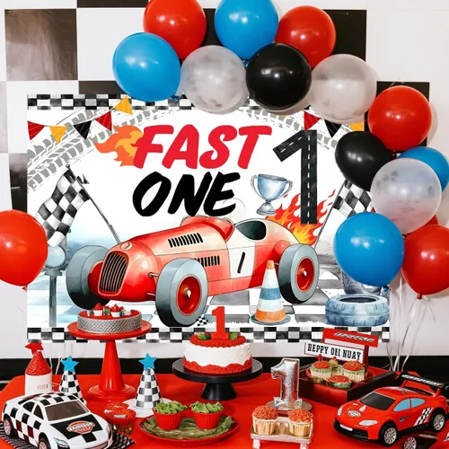 Miniatura 2 de Telón de fondo rápido de un cumpleaños, decoración de primer cumpleaños de coche de carreras, suministros de pancarta de fiesta de primer