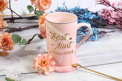 Miniatura 4 de Taza de café Best Aunt Ever de 14 onzas, rosa con caja de regalo, cuchara y posavasos, regalo perfecto para tía para cumpleaños, día de la madre