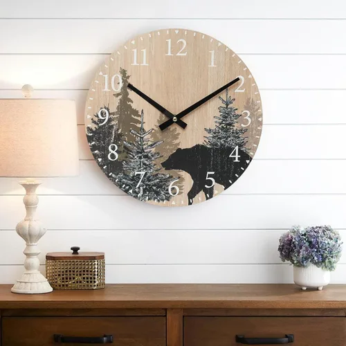 Miniatura 6 de SwallowLiving Reloj de pared con oso de cabaña, 12 pulgadas, silencioso, sin tictac, bosque de madera, vida silvestre, montaña, cabaña, reloj
