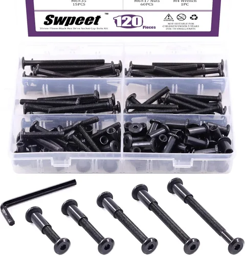 Miniatura 9 de Swpeet 141 piezas de 14 tamaños diferentes M6x16mm-3.150 in acero al carbono negro Hex Drive Socket Cap Tornillos Kit de tuercas de barril con 1