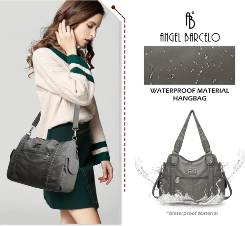 Miniatura 220 de Angel Barcelo - Bolsa de hombro amplia para mujer, diseño Hobo, cuero lavado