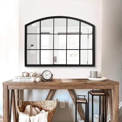 Miniatura 13 de WAMIRRO Espejo de pared de rejilla negra, espejo de ventana ancha negro, espejo de pared arqueado de granja, espejo de repisa para chimenea, Black-2