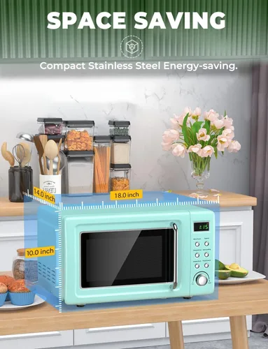 Miniatura 2 de Horno de microondas retro para encimera SIMOE, microondas pequeño de 0.7 pies cúbicos con función de descongelamiento, 5 niveles de potencia, 8