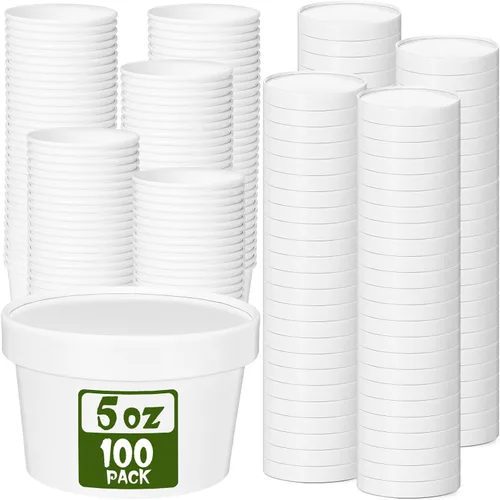 Miniatura 22 de Fulmoon Paquete de 100 recipientes de papel para sopa con tapas, recipientes de papel desechables para alimentos con tapa ventilada, tazas de postre