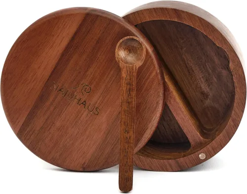 Juego de cuencos de sal y pimienta de madera de acacia con tapa magnética giratoria y cuchara, organizador ecológico para encimera de cocina,