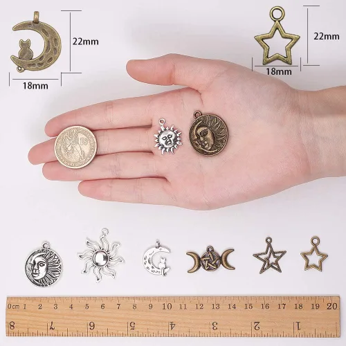 Miniatura 6 de SUNNYCLUE 64 dijes estilo tarot, sol, luna, estrella, aleación a granel, media luna tibetana, triple luna, diosa para hacer joyas, accesorios mixtos