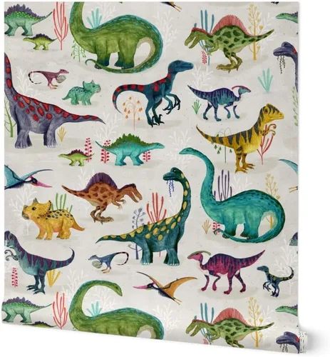 Muestras de papel tapiz para despegar y pegar, dinosaurios, brillantes, grandes, verdes, para niños, rayas grises, dibujado a mano, dinosaurios,