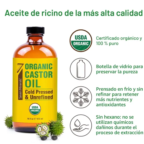 Miniatura 3 de Seven Minerals Nuevo Aceite de Ricino Orgánico Prensado en Frío Sin Refinar en Botella de Vidrio de 16 fl oz - Paquete de Botella de Vidrio - 100%