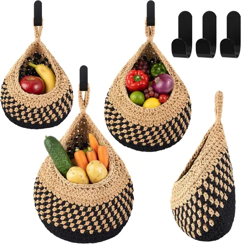 Miniatura 14 de Honeydak Cestas colgantes de pared bohemias para cocina, paquete de 3 cestas de lágrima con ganchos, almacenamiento de frutas, cebollas, verduras