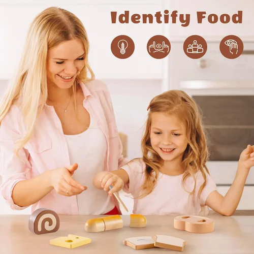 Miniatura 4 de ROBOTIME Juego de Comida de Juguete de Madera para Cortar Pan, Juguete de Comida de Simulación para Cocina de Juguete con Bolsa de Compras