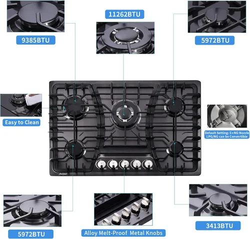 Miniatura 3 de Placa de cocina de gas de 30 pulgadas, estufa integrada de 5 quemadores, estufa convertible de acero inoxidable GLP/NG, placa sellada de combustible