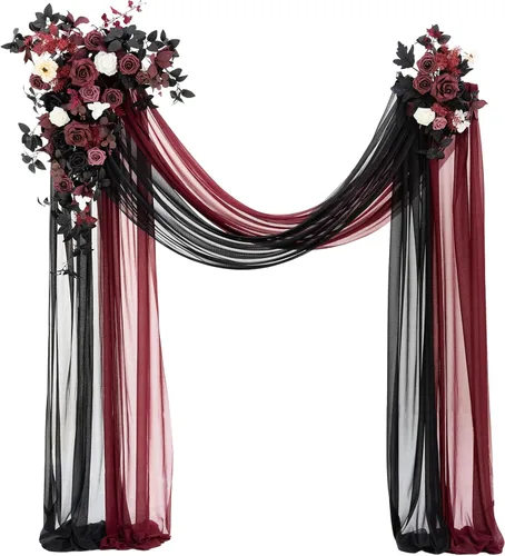 Ling's moment Juego de 4 flores artificiales de arco de boda y color negro y rojo, 2 arreglos florales colgantes, 2 cortinas de gasa, ceremonia,