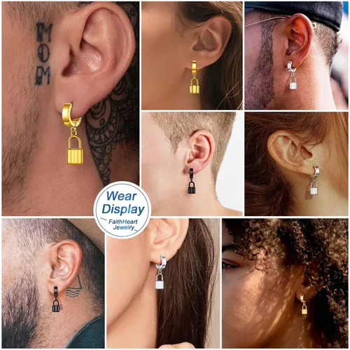 Miniatura 6 de FaithHeart Aretes de aro Huggie para mujer, acero inoxidable, chapado en oro de 18 quilates, aretes colgantes de gota de AnkhCrossCandkBocina