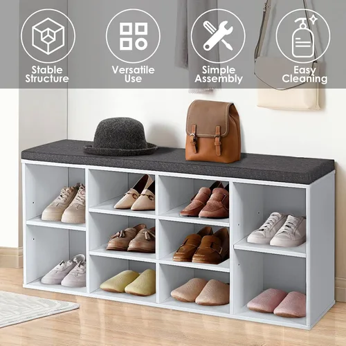 Miniatura 6 de DORTALA Banco de zapatos con cojines acolchados, armario de almacenamiento de 10 cubos con estantes ajustables, banco de almacenamiento de zapatos