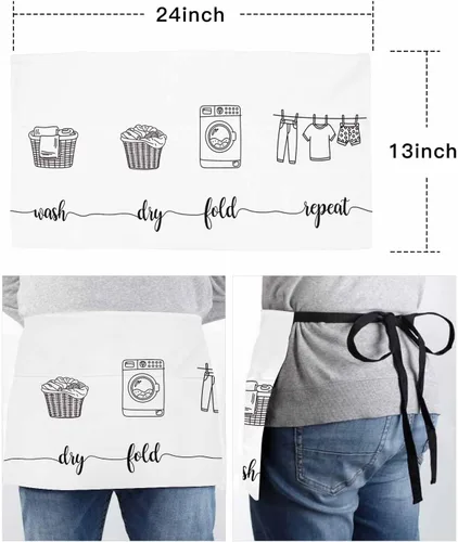 Miniatura 6 de Laundry Room Server Aprons with 3 Pockets, Cartoon Wash Dry Fold Repeat Simple Lines Art Waitress Waist Apron for Women Men Waterproof Half Aprons