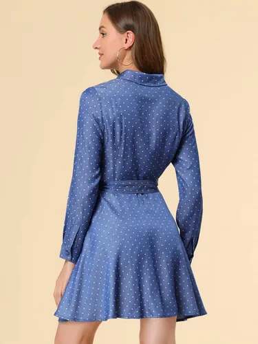 Miniatura 4 de Allegra K Vestido camisero con cinturón de lunares y manga larga con botones para mujer