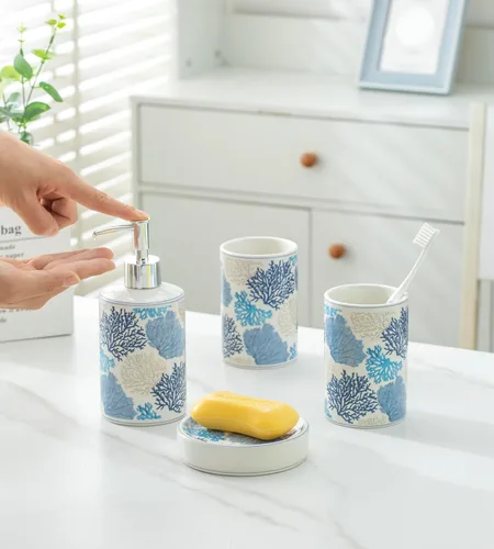 Miniatura 3 de Juego de accesorios de baño de coral azul, porcelana, decoración de baño costero, dispensador de jabón, soporte para cepillo de dientes, bandeja