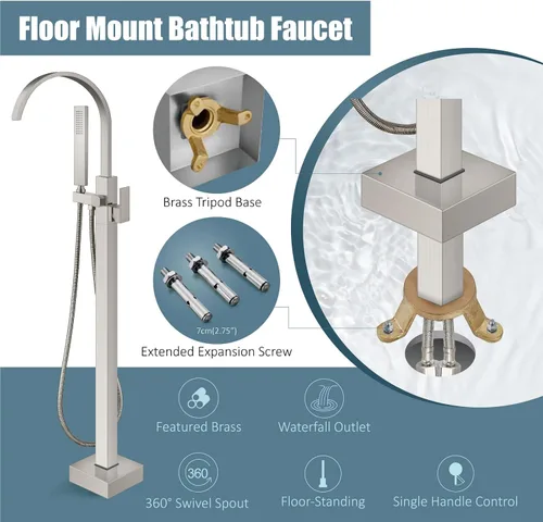 Miniatura 5 de Aolemi Llenador de bañera independiente de níquel cepillado para montaje en el suelo, grifo de bañera de baño cascada de latón con boquilla