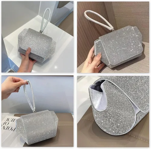 Miniatura 4 de Monedero plateado con diamantes de imitación, bolso de noche brillante para mujer, bolso de mano plateado para mujer, bolso Hobo con purpurina