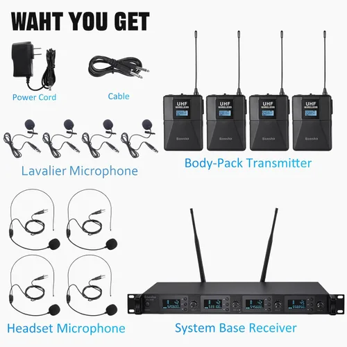Miniatura 7 de Sistema de micrófono inalámbrico de 4 canales UHF 4 micrófonos Lavalier de solapa y diadema para karaoke, iglesia, conferencias, reuniones, fiestas